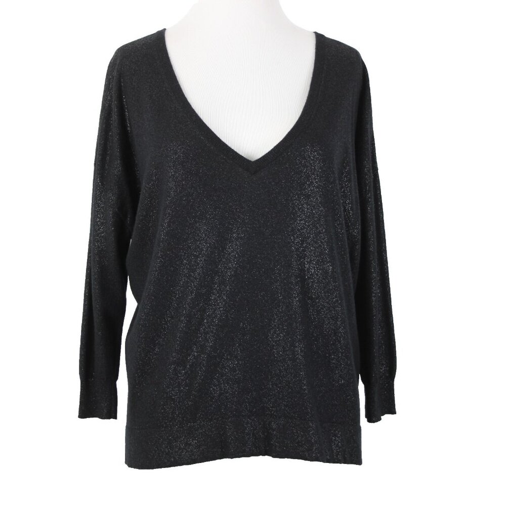 Joie Sz S Black Speckled Deep V Neck 3/4 Sleeve Nylon Rayon Wool Sweater